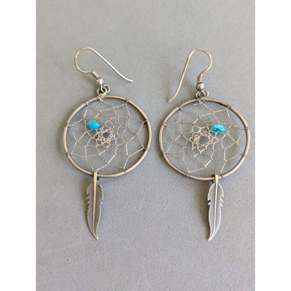 Vintage Dreamcatcher Feather Dangle Earrings Silver Tone Turquoise Accent